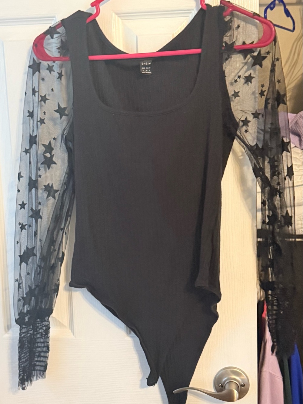 SHEIN Black Star Mesh-Sleeve Ribbed Bodysuit